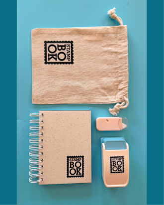 STAMP BOOK SET — notes do znaczków + wycinak + taśma + woreczek
